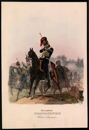 Lithographie Herzoghtum Braunschweig, Husaren Regiment, Altkolorierte Lithographie aus Eckert & Monten um 1840