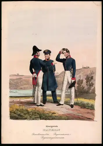 Lithographie Königreich Bayern, Bataillonsauditor, Altkolorierte Lithographie aus Eckert & Monten um 1840, 34 x 24cm
