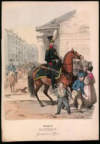 Lithographie Königreich Bayern, Gendarmerie zu Pferd, Altkolorierte Lithographie aus Eckert & Monten um 1840, 34 x 24cm