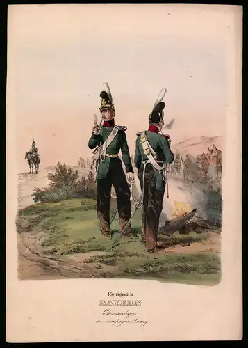 Lithographie Königreich Bayern, Chevauxlegers i. campagne Anzug, Altkolorierte Lithographie aus Eckert & Monten um 1840
