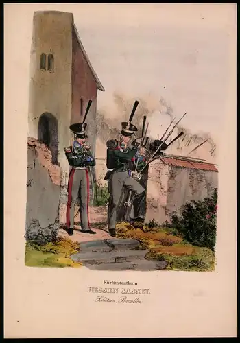 Lithographie Kurfürstenthum Hessen Cassel, Schützen-Bataillon, Altkolorierte Lithographie aus Eckert & Monten um 1840