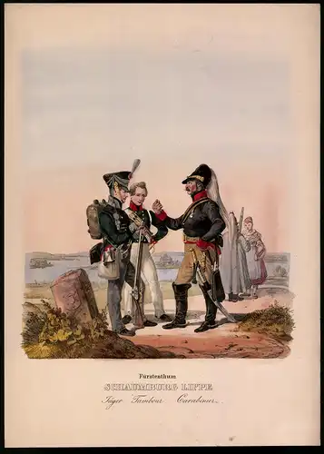 Lithographie Fürstenthum Schaumburg Lippe, Jäger, Tambour, Altkolorierte Lithographie aus Eckert & Monten um 1840
