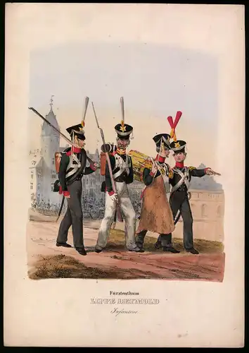 Lithographie Fürstenthum Lippe Detmold, Infanterie, Altkolorierte Lithographie aus Eckert & Monten um 1840, 36 x 26cm