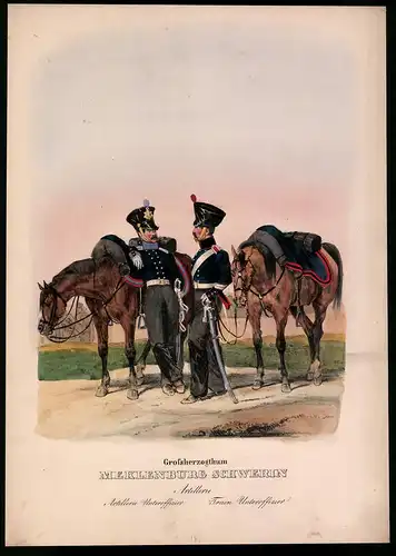 Lithographie Grossherzogthum Mecklenburg Schwerin, Artillerie, Altkolorierte Lithographie aus Eckert & Monten um 1840