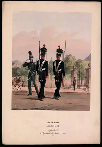 Lithographie Grand Duché Hesse, Infanterie, altkoloriert, montiert, aus Eckert & Monten um 1840 Vorzugsausgabe