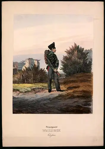 Lithographie Principauté Waldeck, Chasseurs, altkoloriert, montiert, aus Eckert & Monten um 1840 Vorzugsausgabe