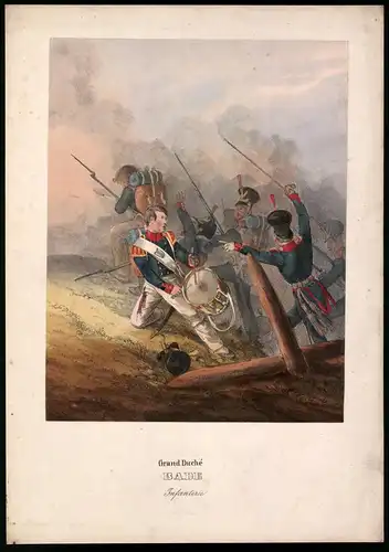 Lithographie Grand Duché Bade, Infanterie, altkoloriert, montiert, aus Eckert & Monten um 1840 Vorzugsausgabe, 36 x 26cm