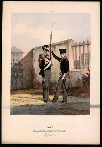 Lithographie Duché Saxe Altenbourg, Infanterie, altkoloriert, montiert, aus Eckert & Monten um 1840 Vorzugsausgabe