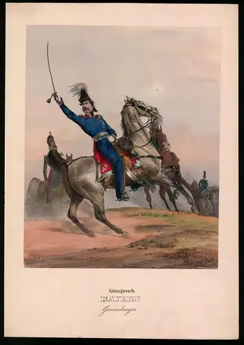 Lithographie Königreich Bayern, Generalmajor, altkoloriert, montiert, aus Eckert & Monten um 1840 Vorzugsausgabe