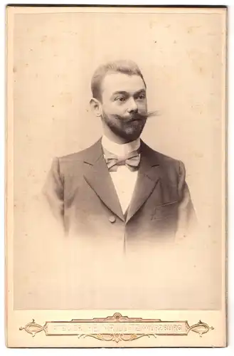 Fotografie Heinr.Lutz, Würzburg, Domerschlug 1, Portrait Mann mit gestutzem Vollbart, Oberlippenbart gezwirbelt