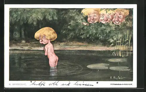 Künstler-AK sign. R. Högfeldt: Frechdachse lachen über einen Knaben im Bade