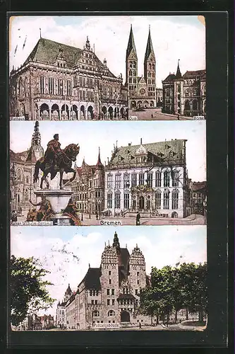 AK Bremen, Kaiser-Wilhelm-Denkmal, Rathaus, Polizeigebäude