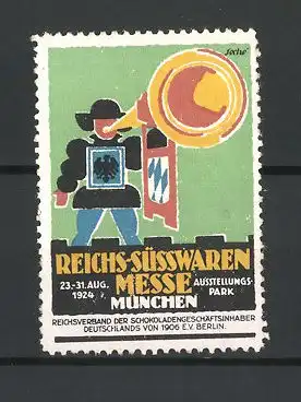 Künstler-Reklamemarke Soché, München, Reichs-Süsswarenmesse 1924, Knappe mit Trompete