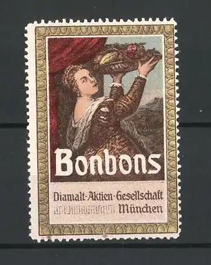 Reklamemarke Bonbons der Diamalt-Aktien-Gesellschaft München, mittelalterliches Fräulein mit Obstschale