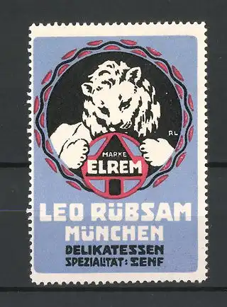 Reklamemarke Elrem Delikatessen-Senf, Leo Rübsam, München, Firmenlogo Löwe