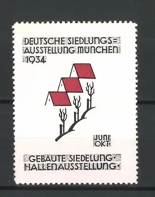 Reklamemarke München, Deutsche Siedlungs-Ausstellung 1934, Häuserreihe mit Bäumen