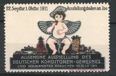 Reklamemarke Berlin, Allgemeine Ausstellung des Deutschen Konditoren-Gewerbes 1911, nackter Engel vor Stadtsilhouette