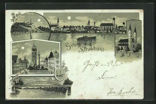 Mondschein-Lithographie Straubing, Bogenberg, Theresienplatz, Donaubrücke