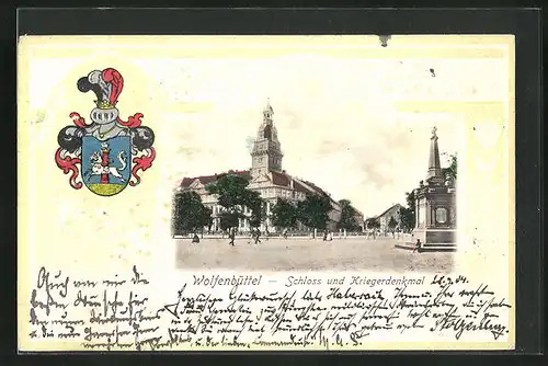 Passepartout-Lithographie Wolfenbüttel, Schloss und Kriegerdenkmal mit Wappen