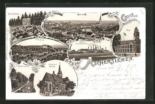 Lithographie Aschersleben, Bismarckstein, Alte Burg, Stephani-Kirche