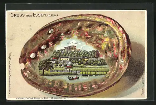 Passepartout-Lithographie Essen a. d. Ruhr, Villa Hügel und Boot in einer Muschel