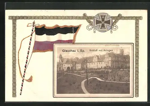 AK Glauchau i. Sa., Schloss mit Anlagen im Passepartoutrahmen Fahne und Eisernes Kreuz