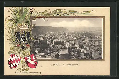 Passepartout-Lithographie Hagen i. W., Totalansicht mit Wappen