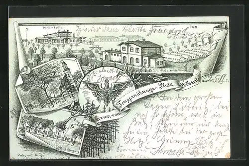 Lithographie Döberitz, Truppenübungs-Platz, Gasthaus Krings, Offizier-Casino, Lager