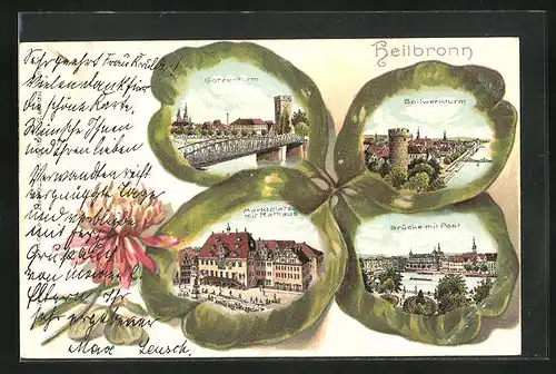 Passepartout-Lithographie Heilbronn, Marktplatz mit Rathaus, Götzenturm & Bollwerkturm im Kleeblatt