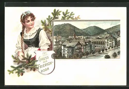 Passepartout-Lithographie Friedrichroda, Strassenpartie mit Gebäudeansicht, Frau in Tracht