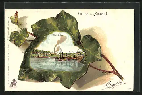 Passepartout-Lithographie Ruhrort, Rheinhafen im Ahornblatt