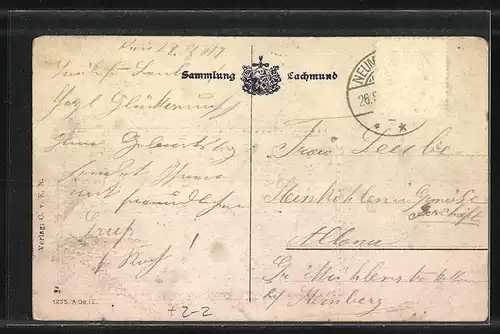 Passepartout-AK Neumünster, Kuhberg mit Geschäften, Briefmarken und Wappen