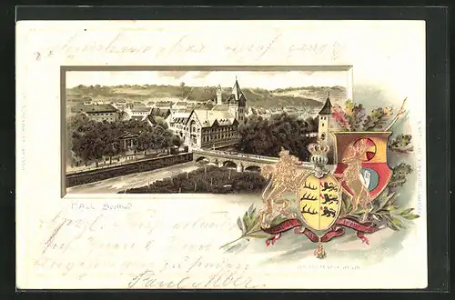 Passepartout-Lithographie Hall, Soolbad mit Wappen