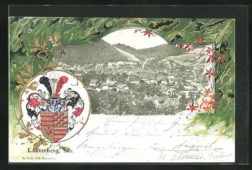 Passepartout-Lithographie Lauterberg /Harz, Teilansicht mit Wappen