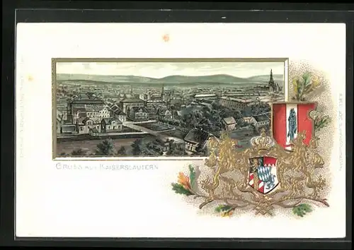 Passepartout-Lithographie Kaiserslautern, Teilansicht mit Wappen