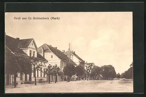 AK Gr. Schönebeck /Mark, Strassenpartie mit Restaurant und Warenhaus