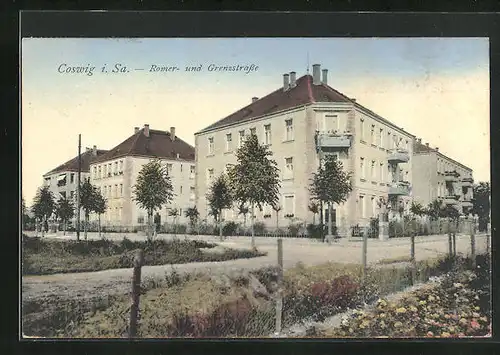 AK Coswig i. Sa., Romer- und Grenzstrasse mit Bäumen