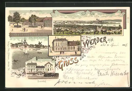 Lithographie Werder an der Havel, Hotel Stadt Wien, Marktplatz, Bahnhof