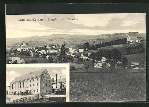 AK Zethau i. Erzgeb., Gasthof Zethau, Ortsansicht aus der Vogelschau