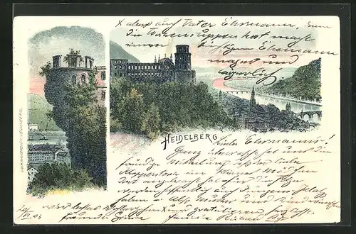 Lithographie Heidelberg, Totalansicht mit Flusspartie