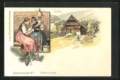 Lithographie Schapbach / Kinzigthal, Landhaus und Damen mit Badischen Landestrachten
