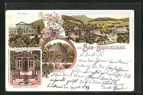 Lithographie Bad Brückenau, Gesamtansicht mit Kursaal und Wernarzer Quelle
