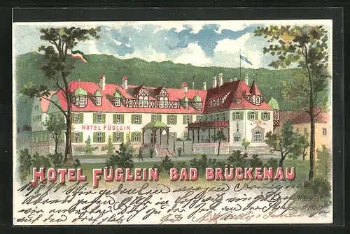 Lithographie Bad Brückenau, Hotel Flüglein