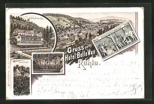 Lithographie Ruhla, Hotel Bellevue mit Ortsansicht