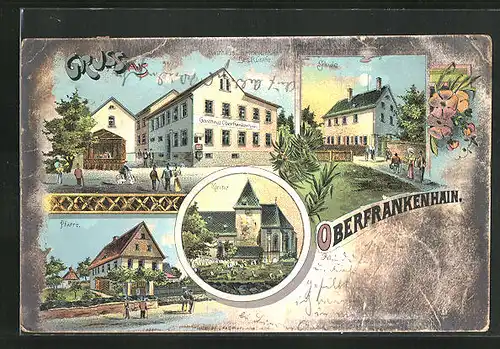 Lithographie Oberfrankenhain, Gasthaus, Schule und Kirche