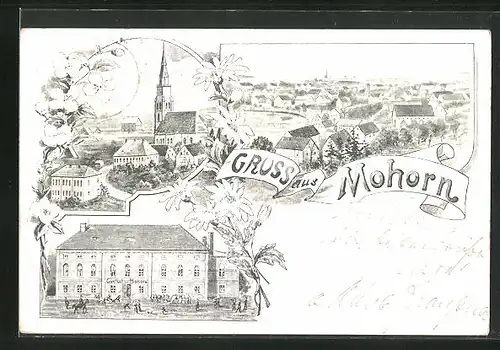 Lithographie Mohorn, Totalansicht mit Kirche