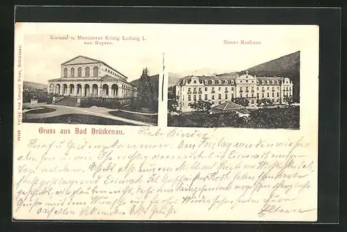 AK Bad Brückenau, Kursaal u. Monument König Ludwig I. von Bayern, Neues Kurhaus