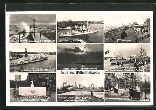 AK Wilhelmshaven, Hafeneinfahrt, Panzerschiff Admiral Scheer, Südstrand