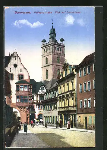 AK Darmstadt, Pädagogstrasse mit Blick auf Stadtkirche