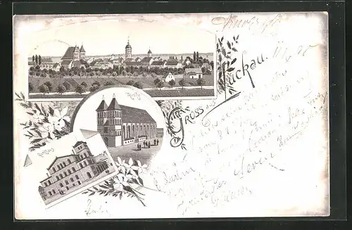 Lithographie Luckau, Gesamtansicht mit Rathaus und Kirche